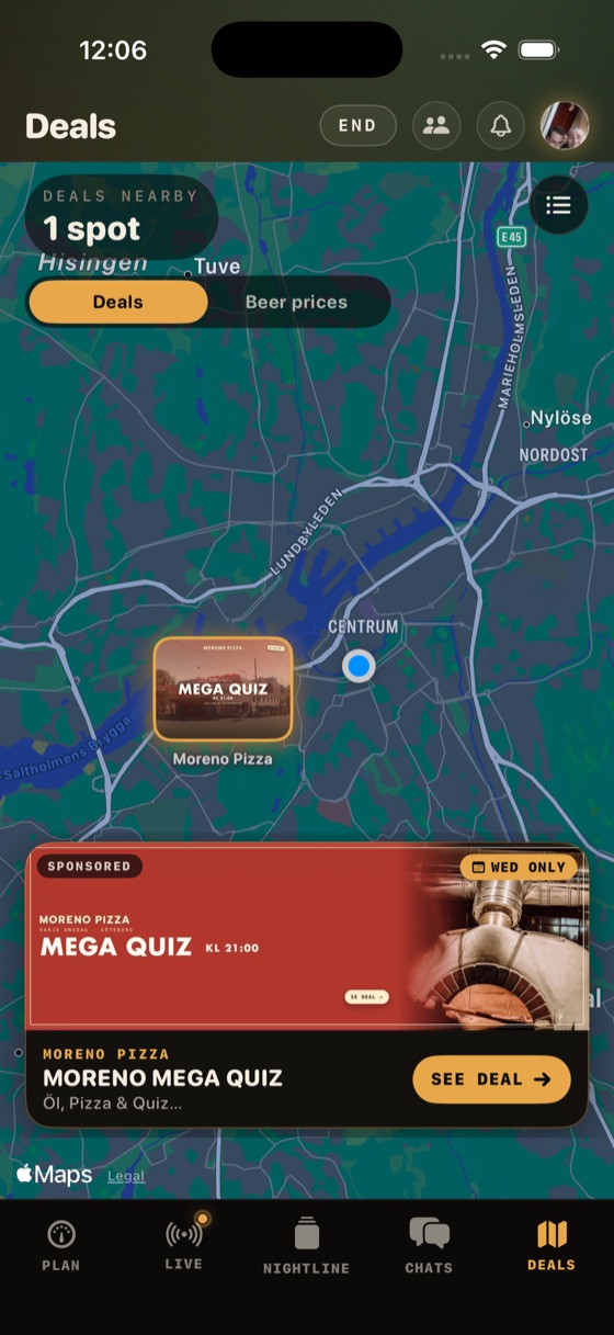 The DEALS tab: a map of Gothenburg with a sponsored bar campaign card at the bottom.