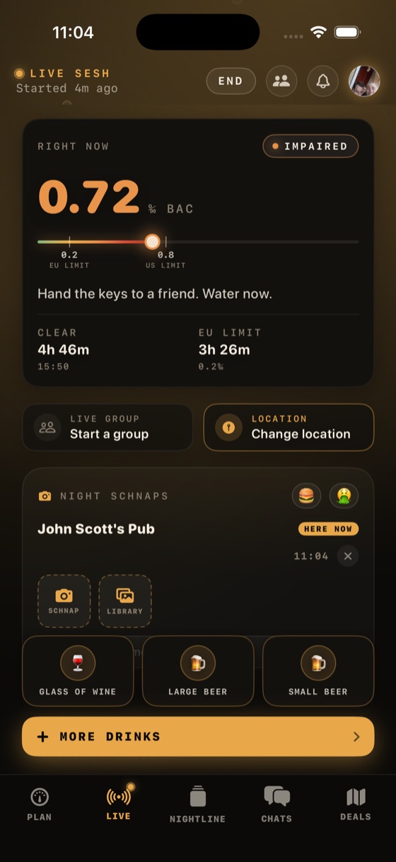 The LIVE tab showing an estimated 0.72 per mille, marked impaired, checked in at John Scott's Pub.
