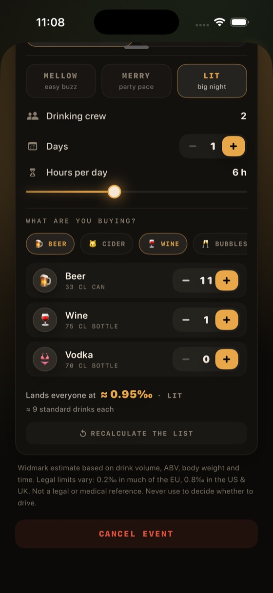 The PLAN tab: the supply calculator working out 11 cans of beer and a bottle of wine for a crew of two, landing everyone at about 0.95 per mille.